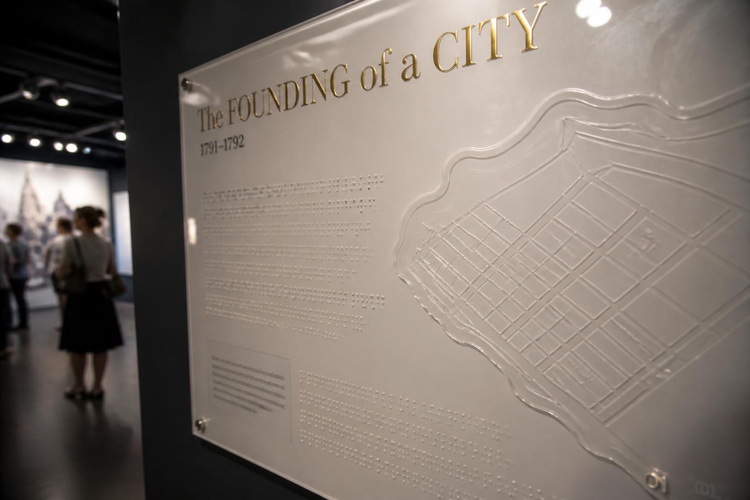 Museum: tastbaar reliëf en foliebelettering op geprint plexiglas