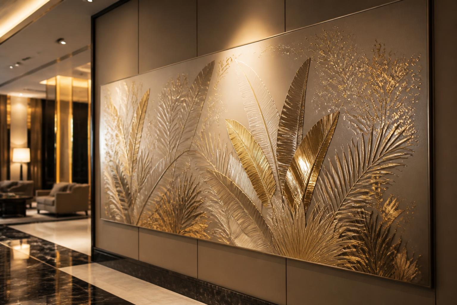Hotel lobby: wandpaneel met goudfolie en reliëf op de botanische lijnen
